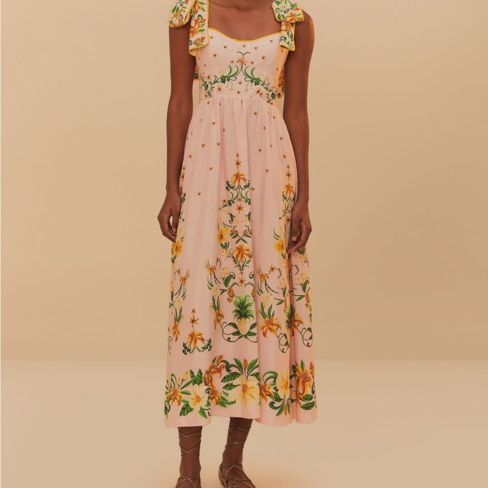 FARM Rio Pink Floral Midi Dress with Yellow & Green Accents